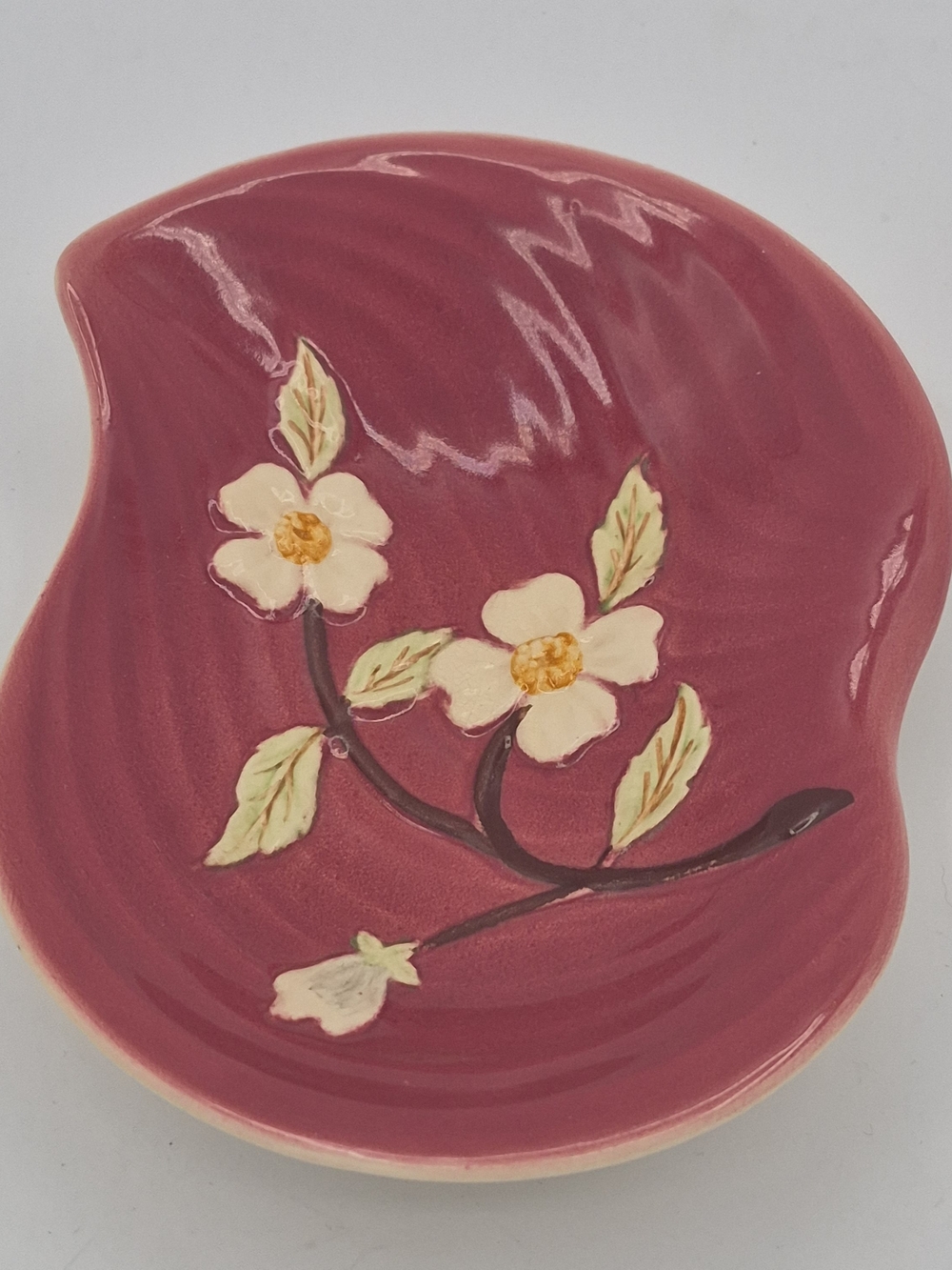 Shorter & Sons Majolica Dish Red with Dogwood Flowers, Staffordshire England